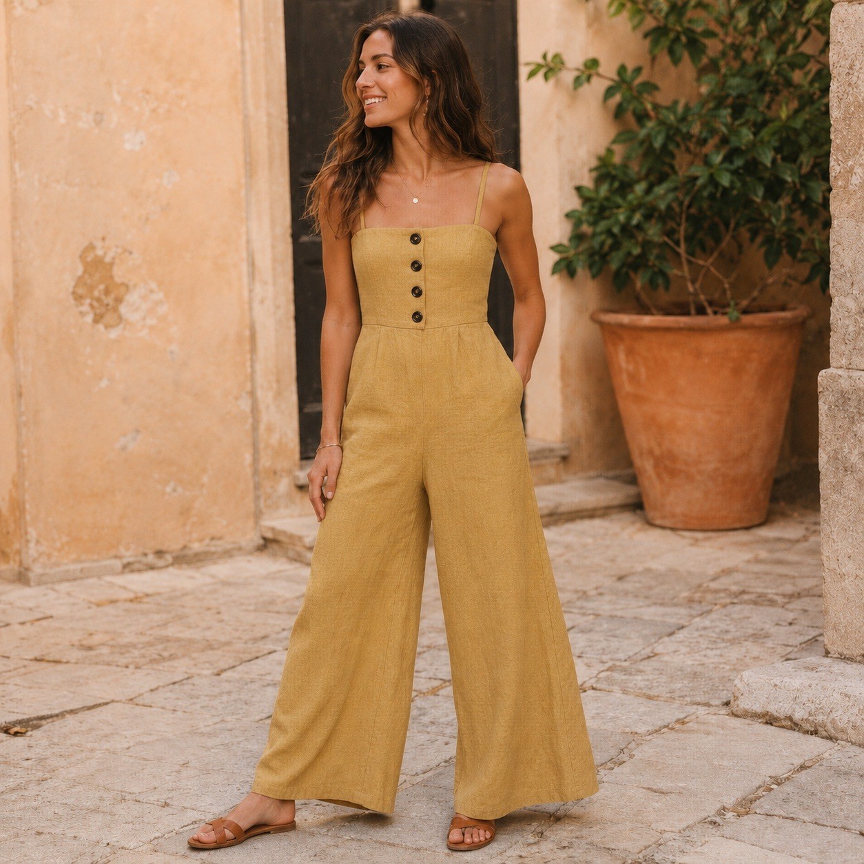 Rebellion Wide Leg Jumpsuit Womens Medium Yellow Linen Blend Boho Chic