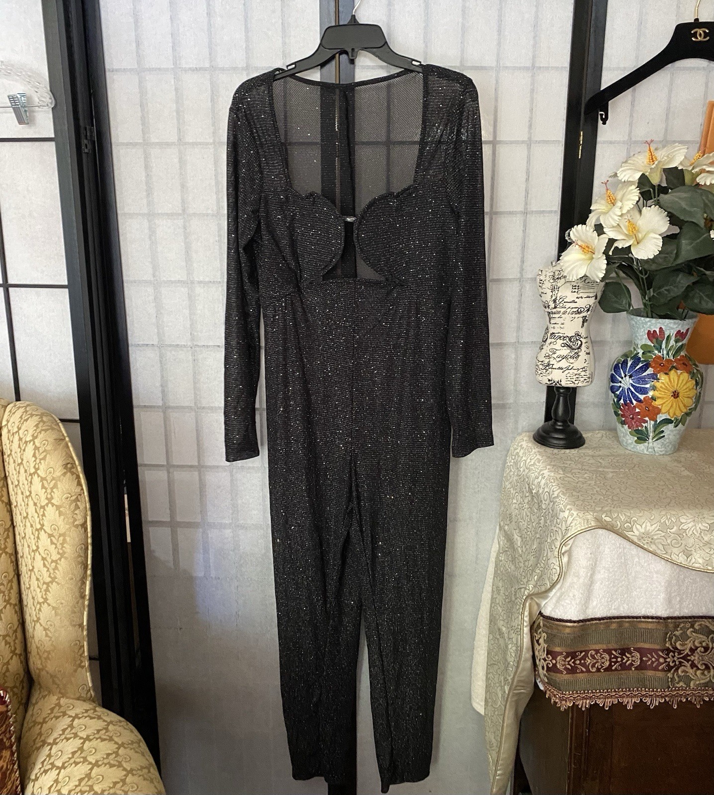 Shein Blk Glitter Stretch Sheer Jump/Catsuit Wom 12/XL Bustline Stay+Underwire