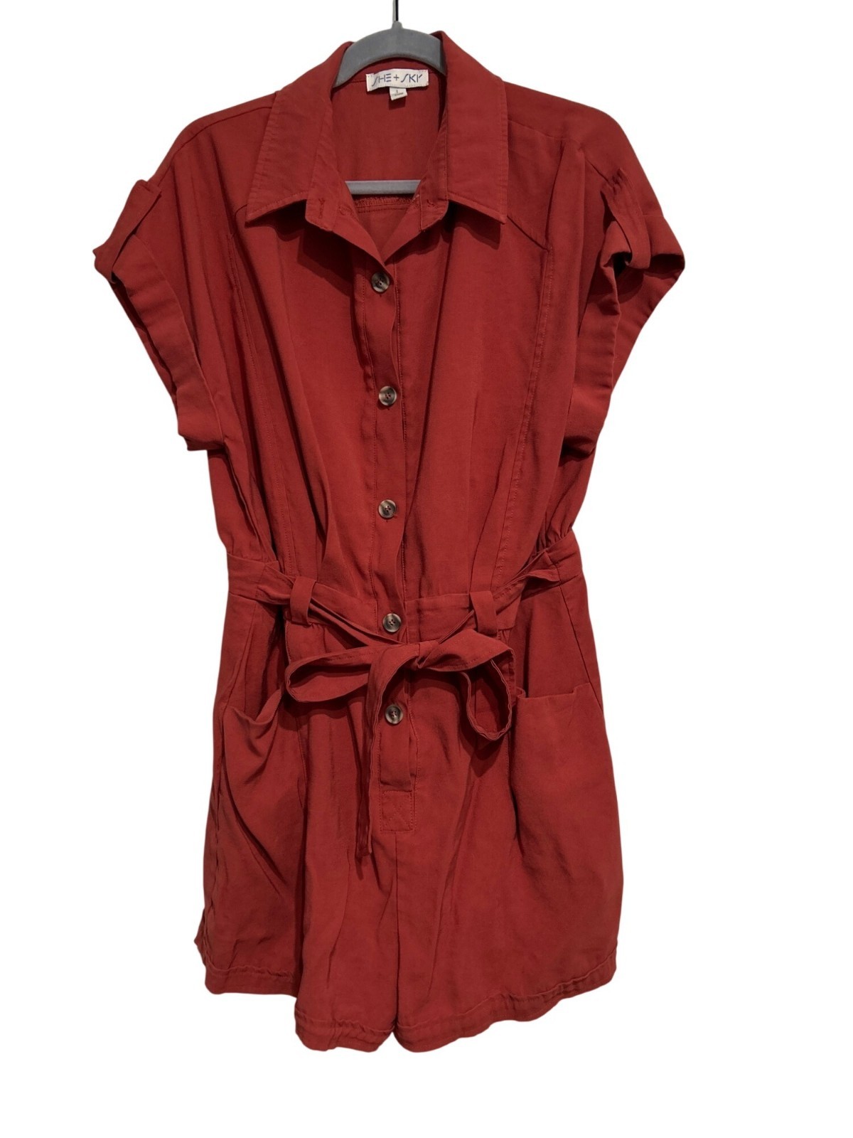 She + Sky Women’s L Romper Rust Button-Front Belted Preppy Boho Casual