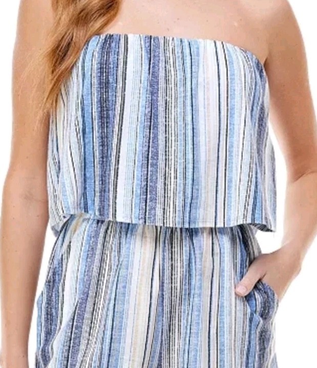 BeBop Blue White Striped Tube Top Romper XL Elastic Waist, Pockets, 2.5″ Inseam
