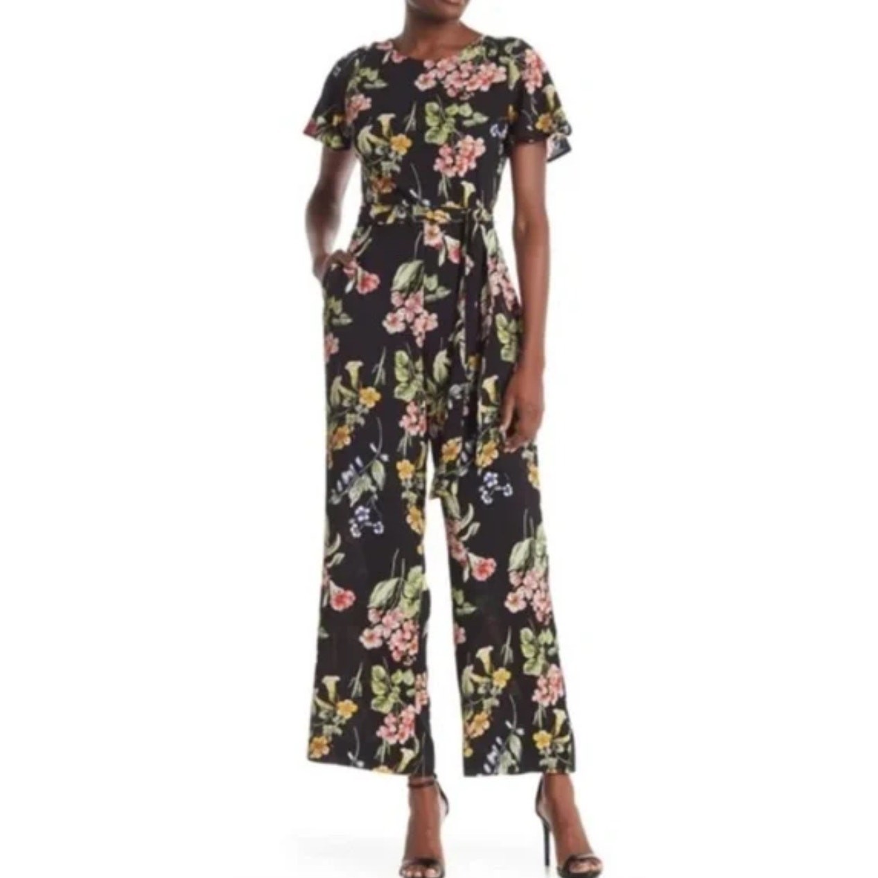 Nicole Miller Floral Short Sleeve Wide Leg Jumpsuit Size 2 Multicolor