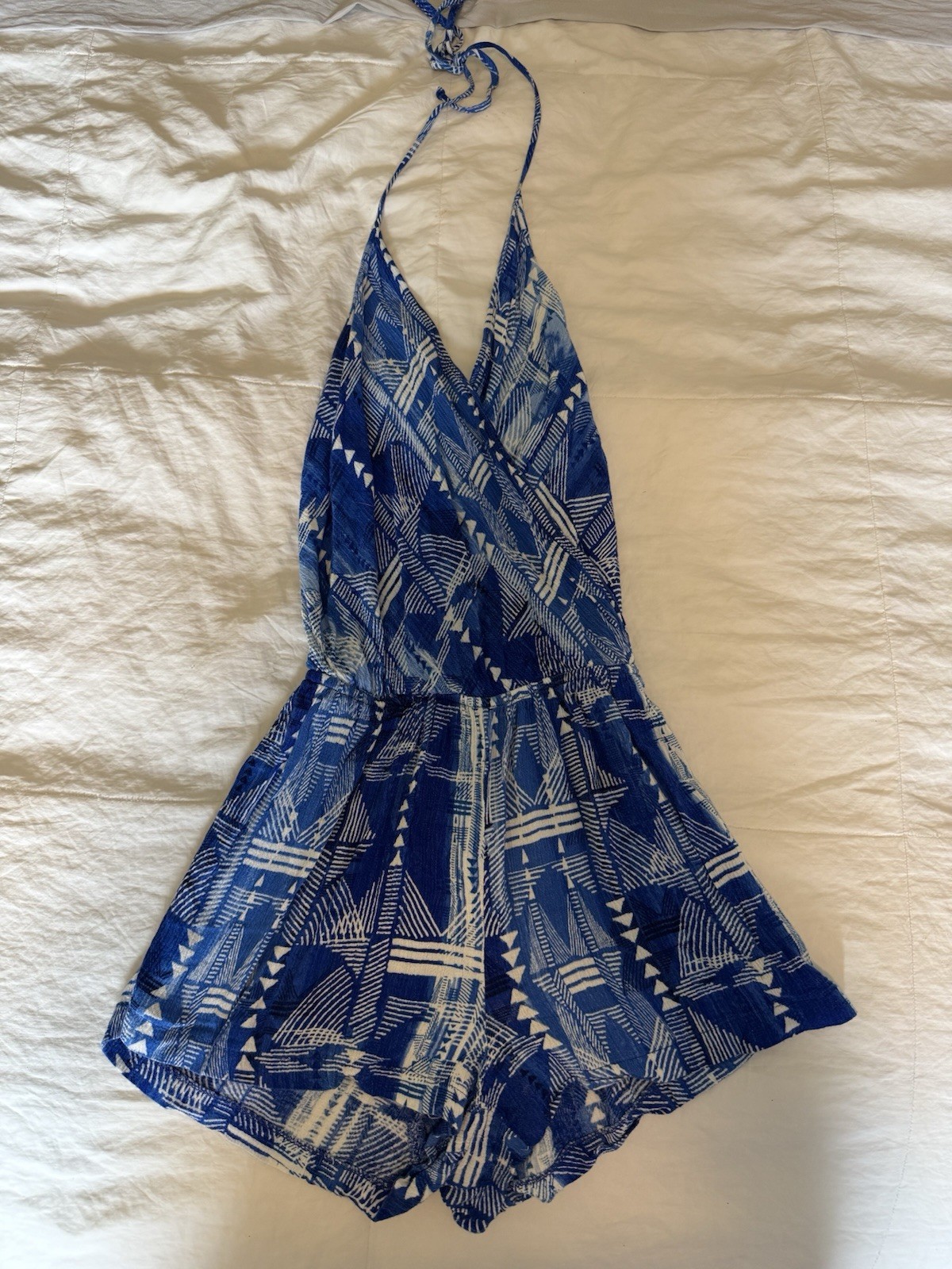 TIMING Blue Geometric Halter Tie Sleeveless Rayon Romper Size S