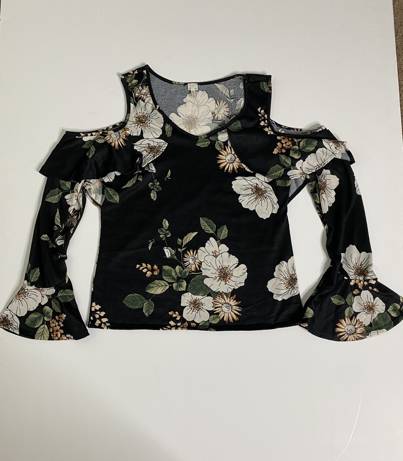 Cold Shoulder Blouse Black with Flowers Ruffle On Arm Bell at wrist XL 1X2X