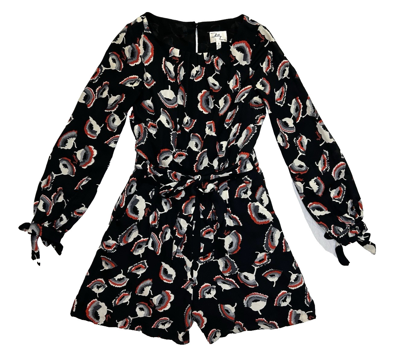 MILLY Mini Romper Size 2 Black Floral Silk Ties Long Sleeve Pleats Lined Pockets