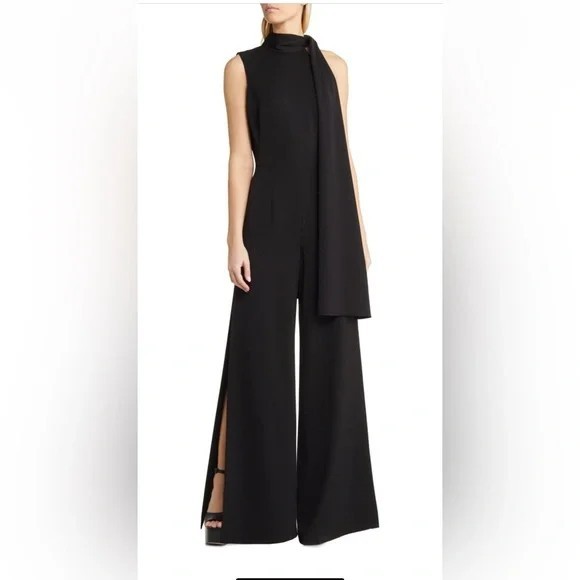 Black Halo Size 8 Black Kynlee Sleeveless Tie Neck Wide Leg Jumpsuit