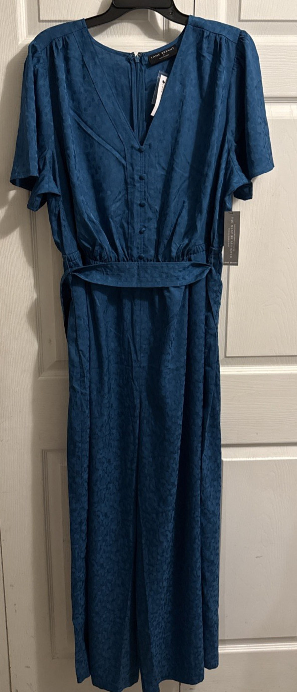 NWT $109! Dark Teal LANE BRYANT V-Neck JACQUARD JUMPSUIT with BELT ~ Size 18