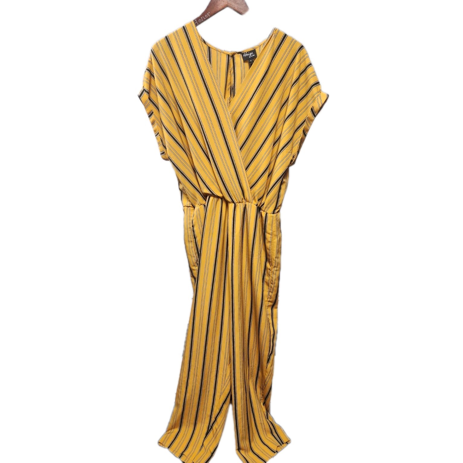 Beige by eci Yellow/Black/White Striped Short Sleeve Jumpsuit Size XL
