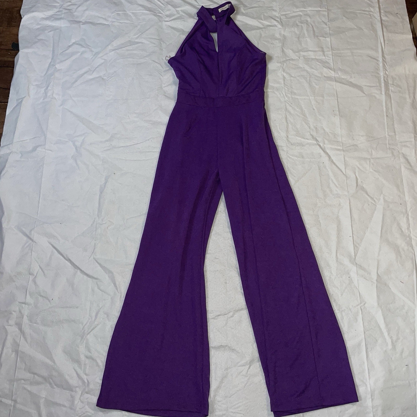 Hot Gal Purple S Halter Neck Button Back Key Hole Zip Back Jumpsuit