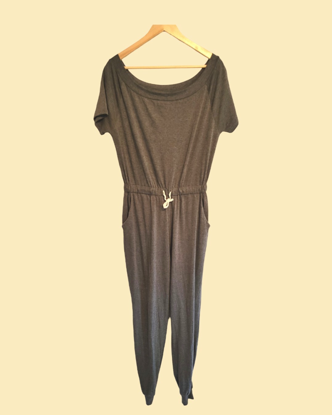 Womens Drawstring Lounge Jumpsuit romper Gray One Piece Jersey Tapered Leg S