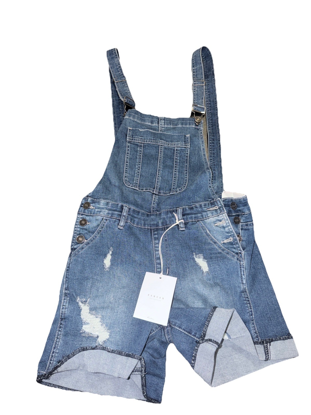 NWT KanCan Small Denim Distressed Overalls Shortalls 1470 (c11)