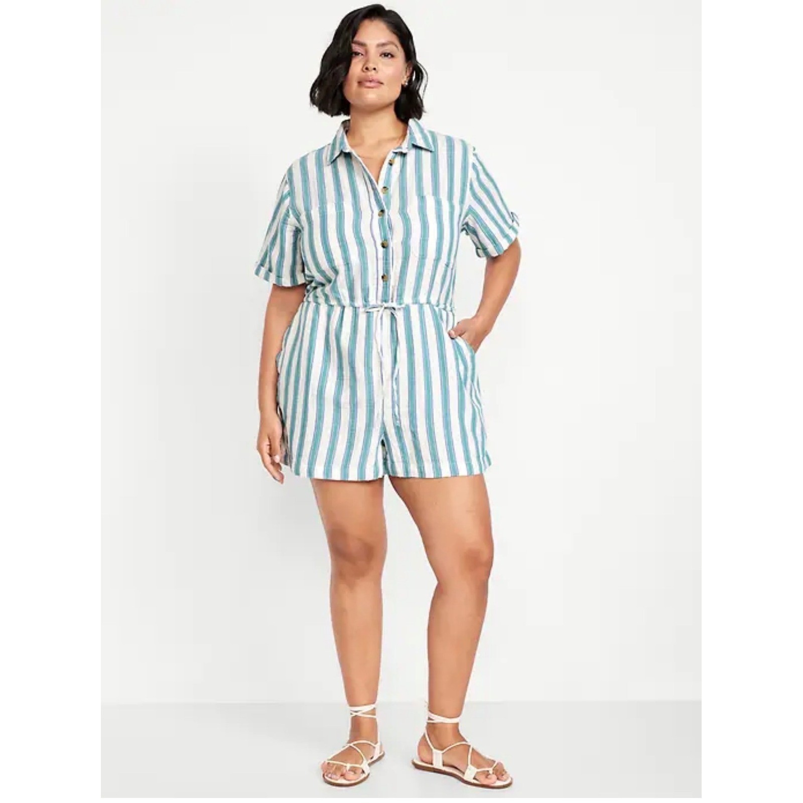 NWT Old Navy Womens 2X Teal White Striped Linen Blend Button Front Romper