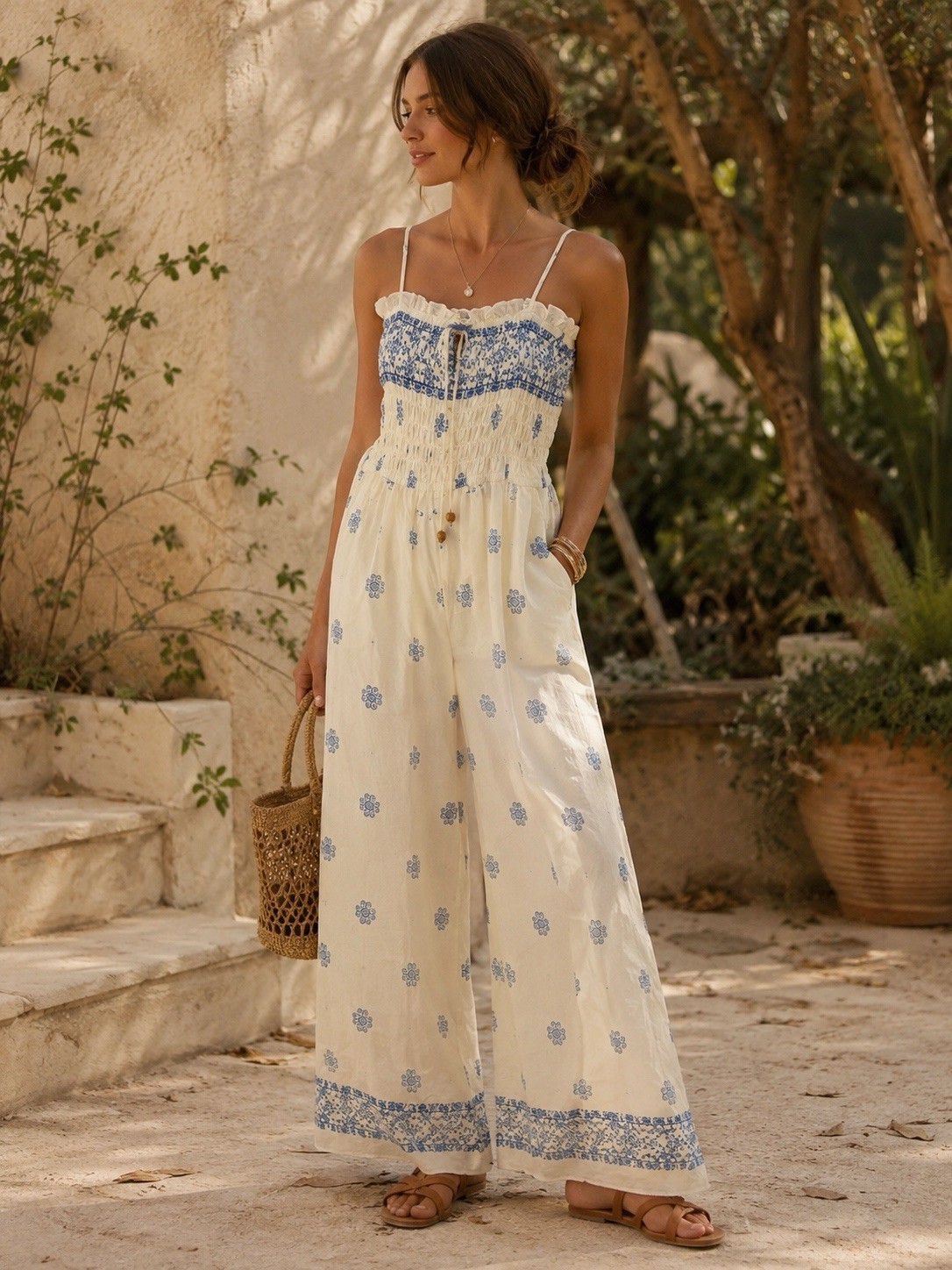 NWT Luxology Women’s White Blue Light Weight Jumpsuit Size L