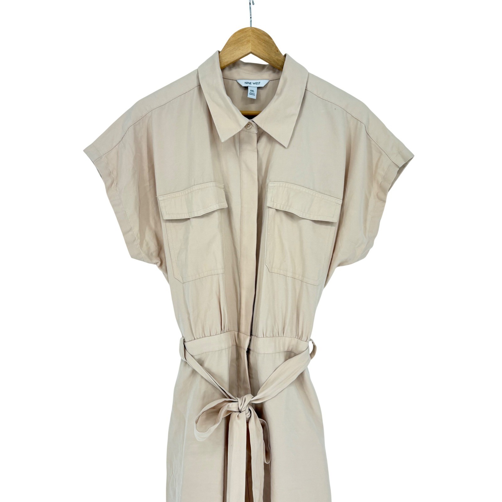 Nine West Utility Jumpsuit Size XXL Beige Tan Short Sleeve Tie Waist Pockets