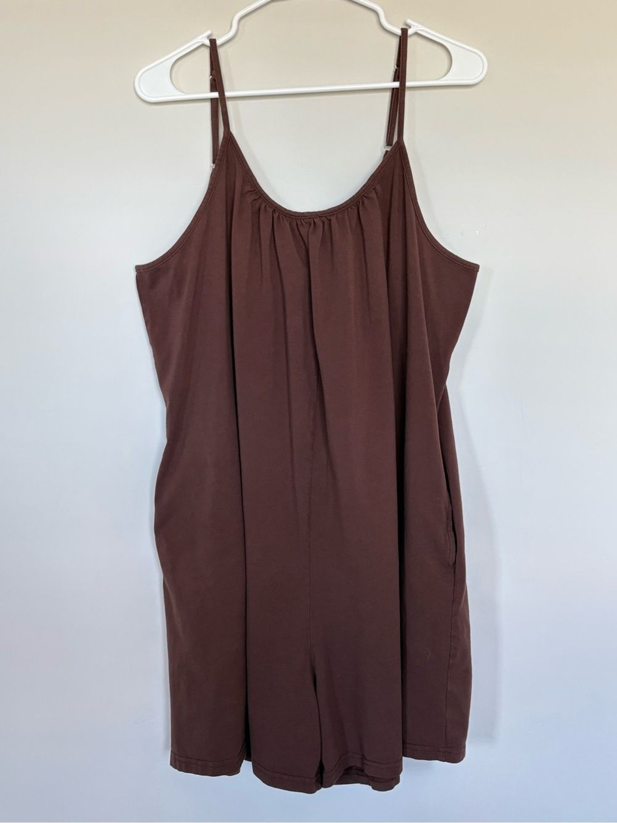 Brown Spaghetti Strap Short Romper Lightweight with Pockets 2XL Cotton Blend
