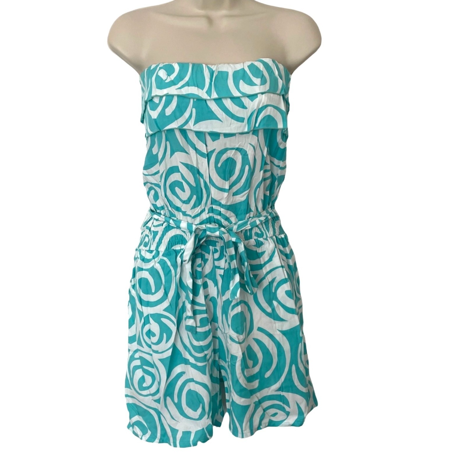 Escapada Beach Romper Womens Aqua White Spiral Strapless Belted 4″ Size M