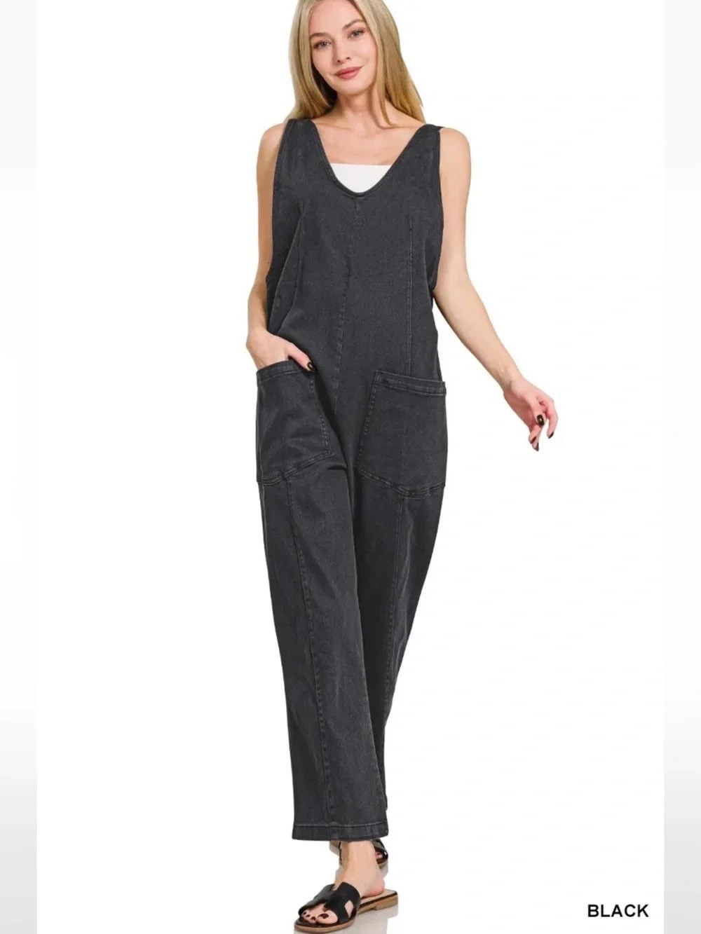 New Zenana Casual Adjustable Strap Baggy Jumpsuit Pocket Black Relaxed Fit Small