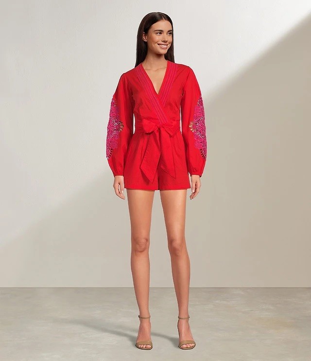 Chelsea & Violet Livvy V-Neckline Long Sleeve Crochet Detail Romper NWT Size L