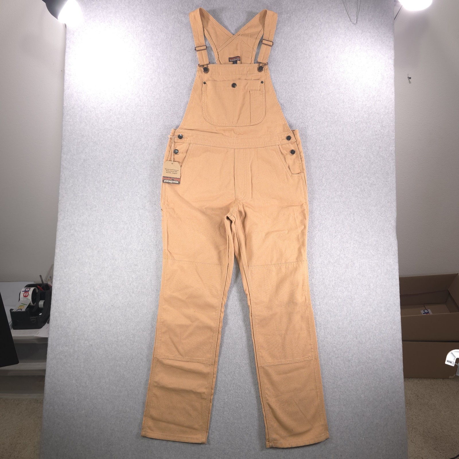 Patagonia All Seasons Camel Hemp Blend Canvas Bib Overalls Womens Large 36×32