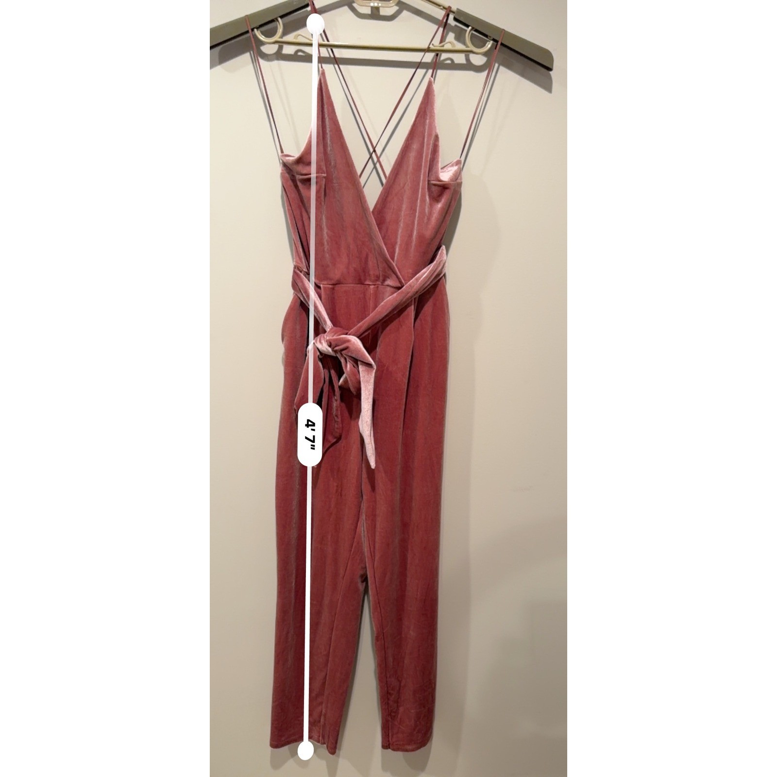 NWT Express Dusty Rose Velvet Jumpsuit Criss Cross Back Tie Waist Wide Leg