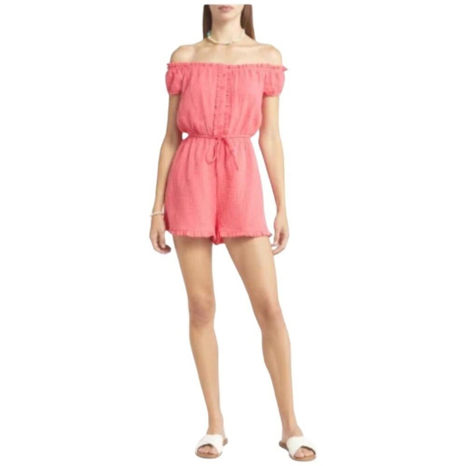BP Pink Seersucker Off Shoulder Romper Large 100% Cotton Ruffle NWOT