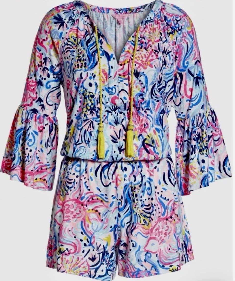 LILLY PULITZER Del Lago Romper 3/4 Bell Sleeves in Colorful Print & Tassels XXS
