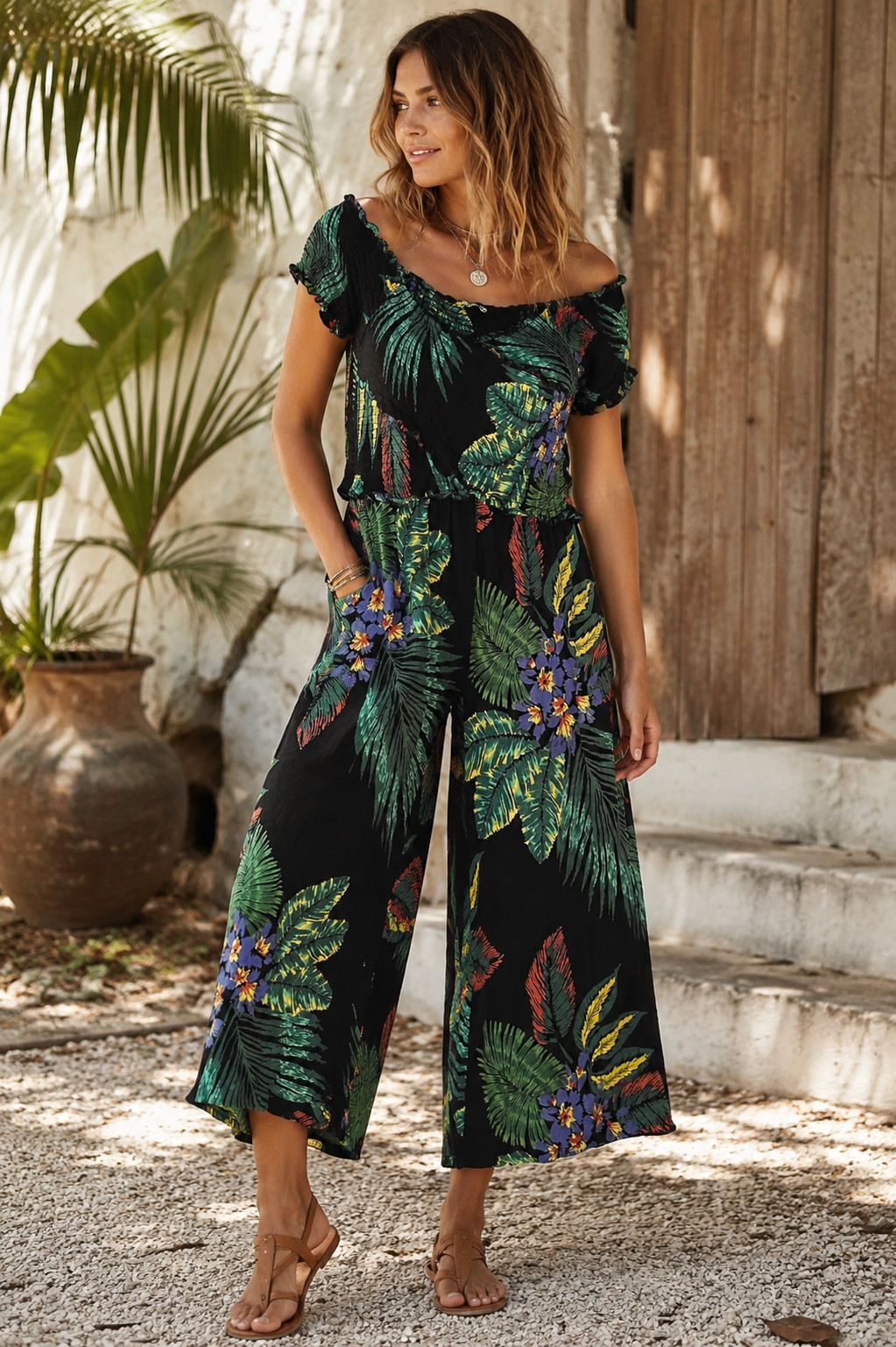 Patrons Of Peace L Tropical Floral Wide Leg Jumpsuit Black Rayon Off Shoulder