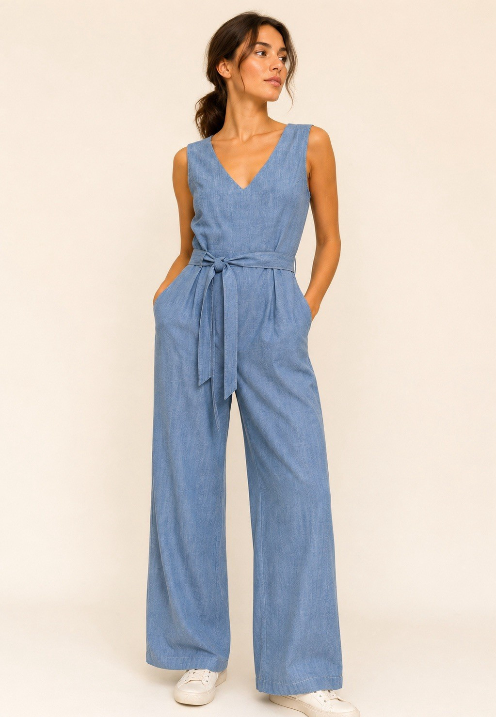 J. McLaughlin Blue Denim Sleeveless V-Neck Wide-Leg Belted Jumpsuit 4