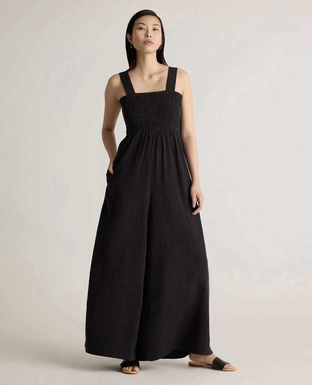Quince 100% Organic Cotton Gauze Smocked Wide Leg Jumpsuit Black Large Boho NWT