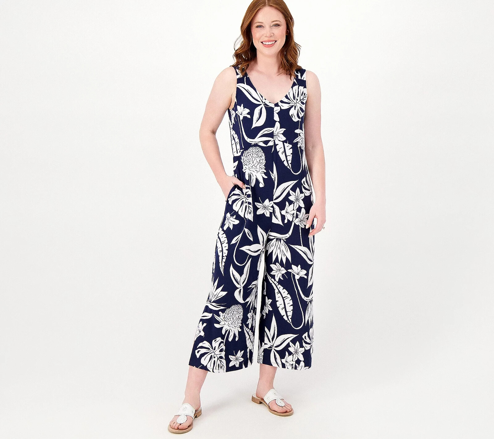 Cuddl Duds Tall Wide Leg Flexwear V-Neck Jumpsuit-Navy Tropical-Tall XS-A587649