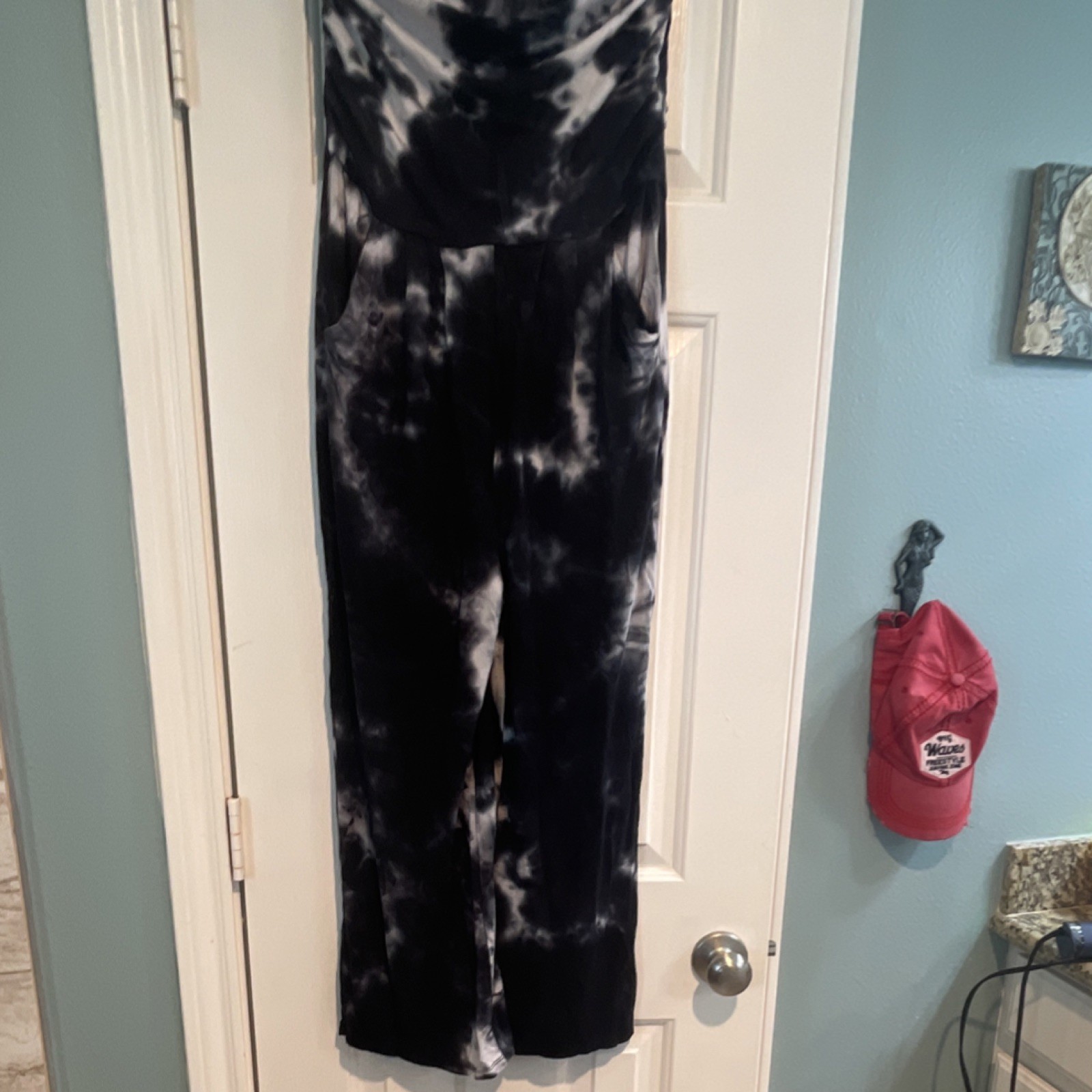 ANTISTAR Tie Dye Sleeveless Jumpsuit Black White M Cowl Neck Pockets