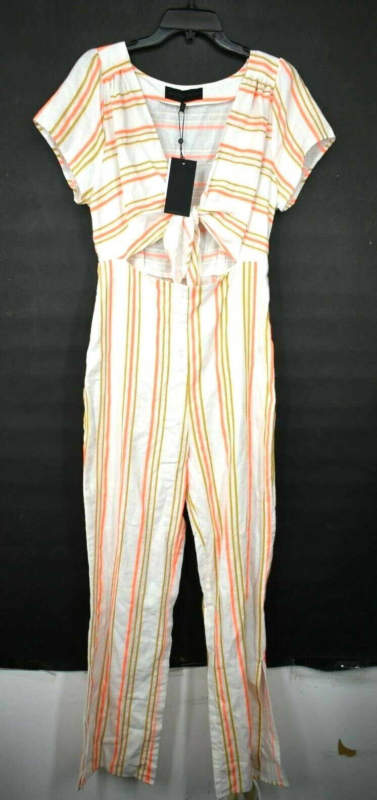 Kendall Kylie Womens Tie Front Colorblock Stripe Jumpsuit V Neck Short Sleeves M