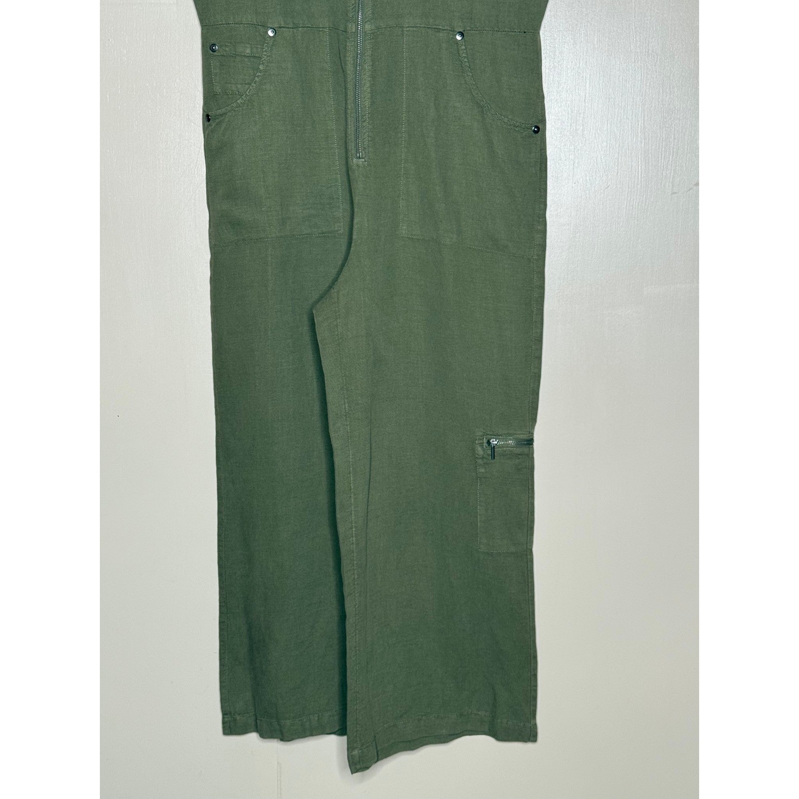 Nicole Miller Linen Lyocell Utility Jumpsuit Olive Green Wide Leg Size 8