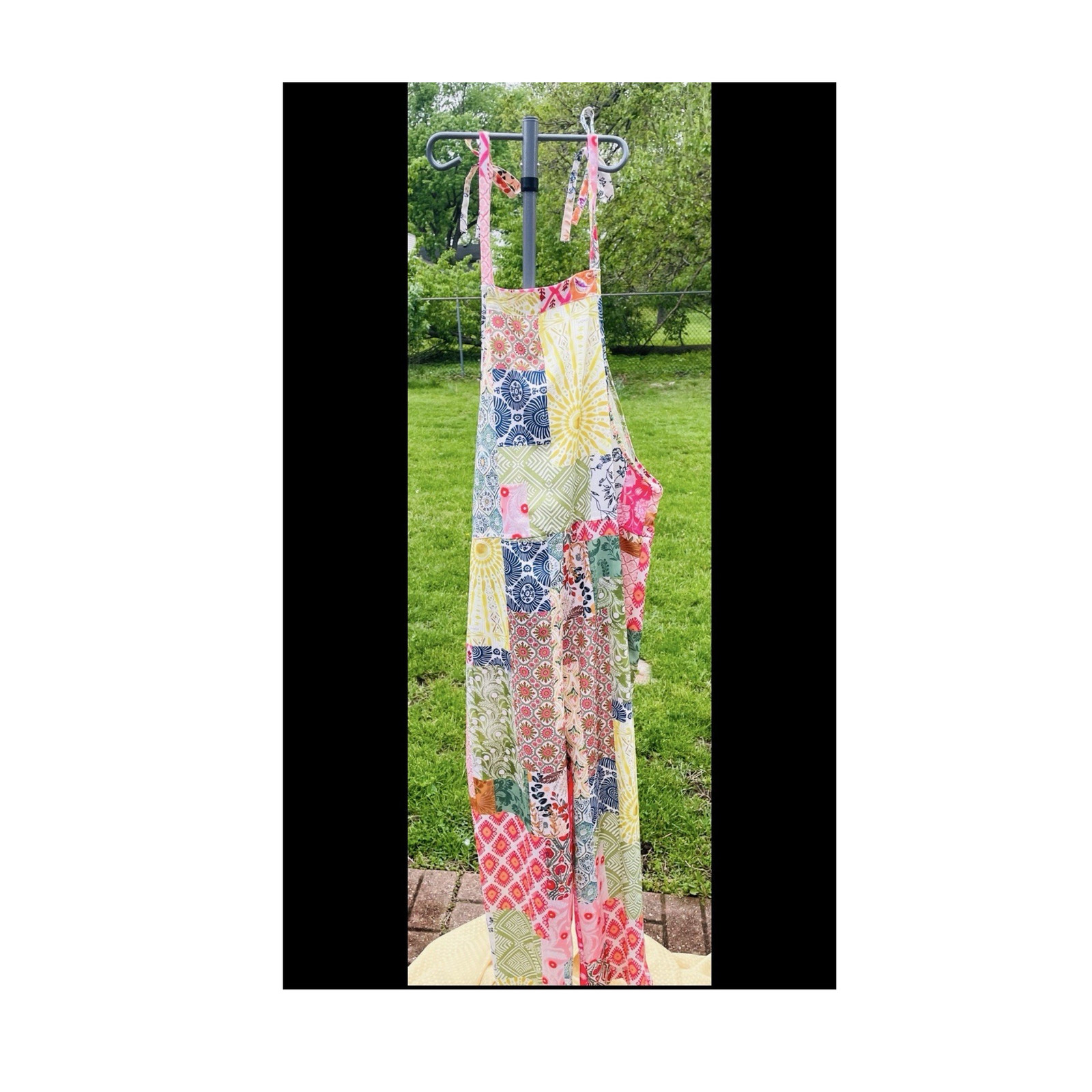Multicolor Patchwork Wide-Leg Jumpsuit Tie Strap Relaxed Fit Size L