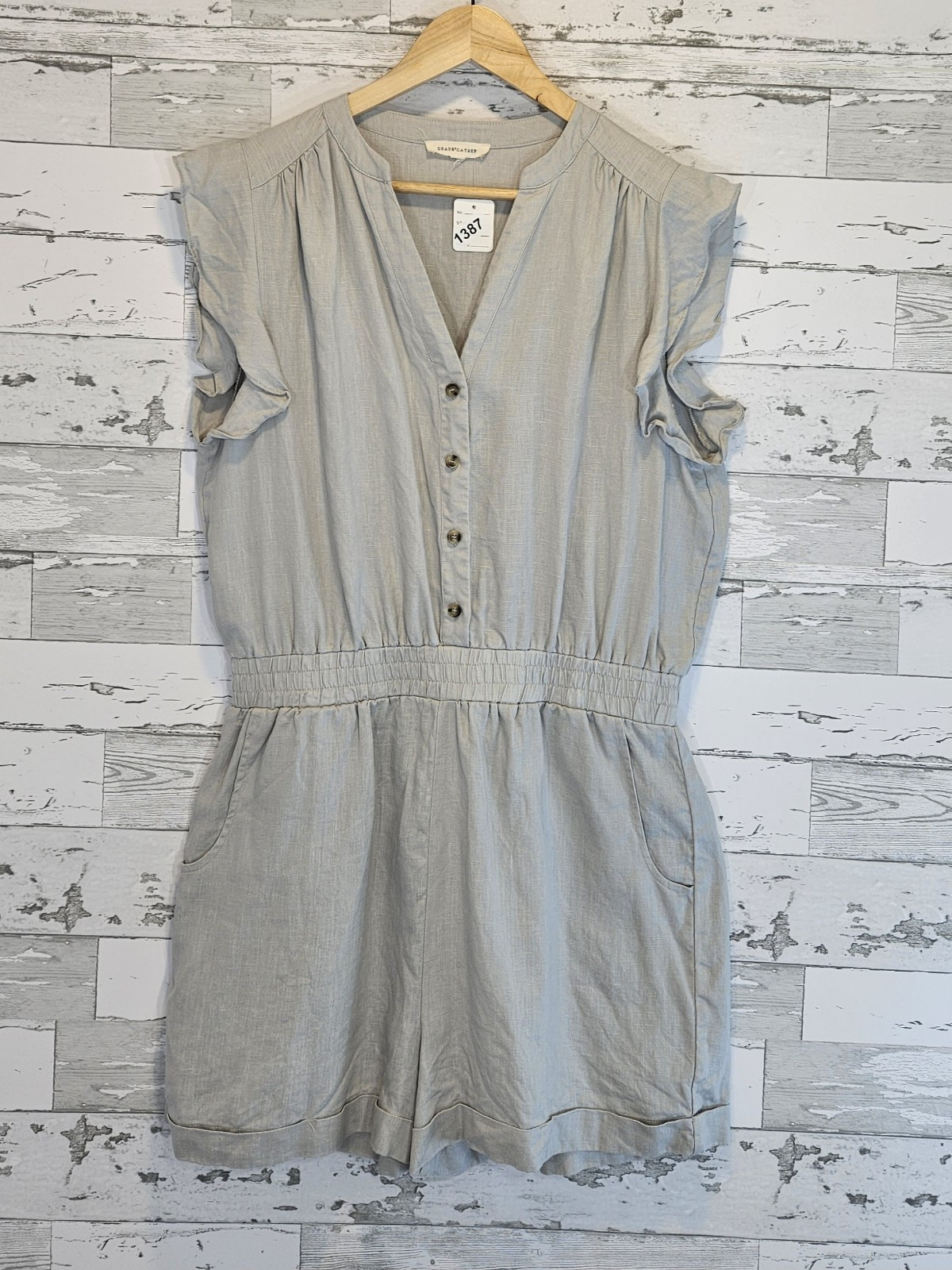 Grade & Gather Womens Xlarge Romper 100% Linen Ruffle Sleeves Gray