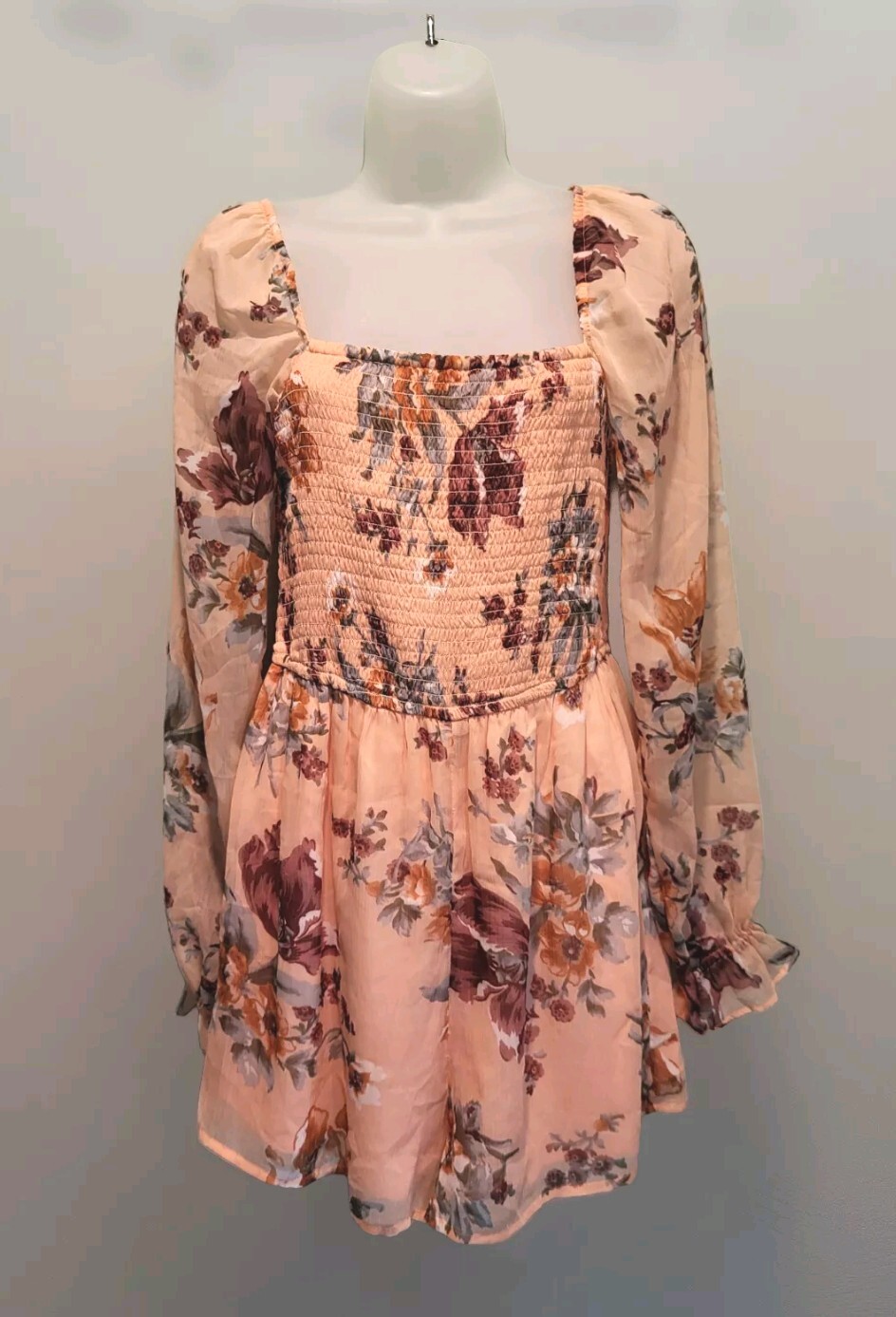 Abercrombie Fitch Peach Floral Chiffon Romper Sz MT Smocked Sheer Long Sleeves