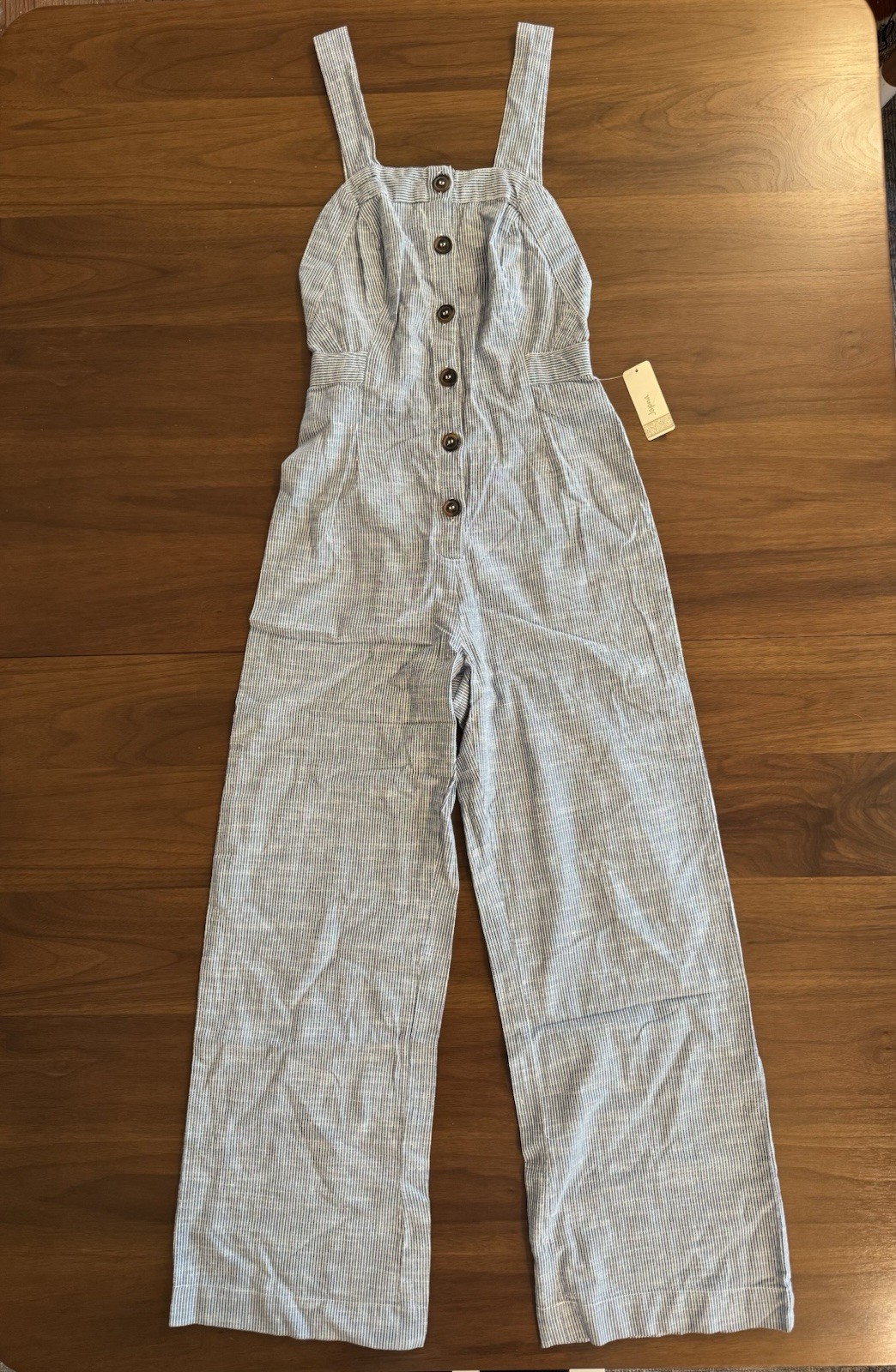 NWT Nordstrom Japna Blue White Stripe Wide Leg Button Front Jumpsuit 100% Cotton