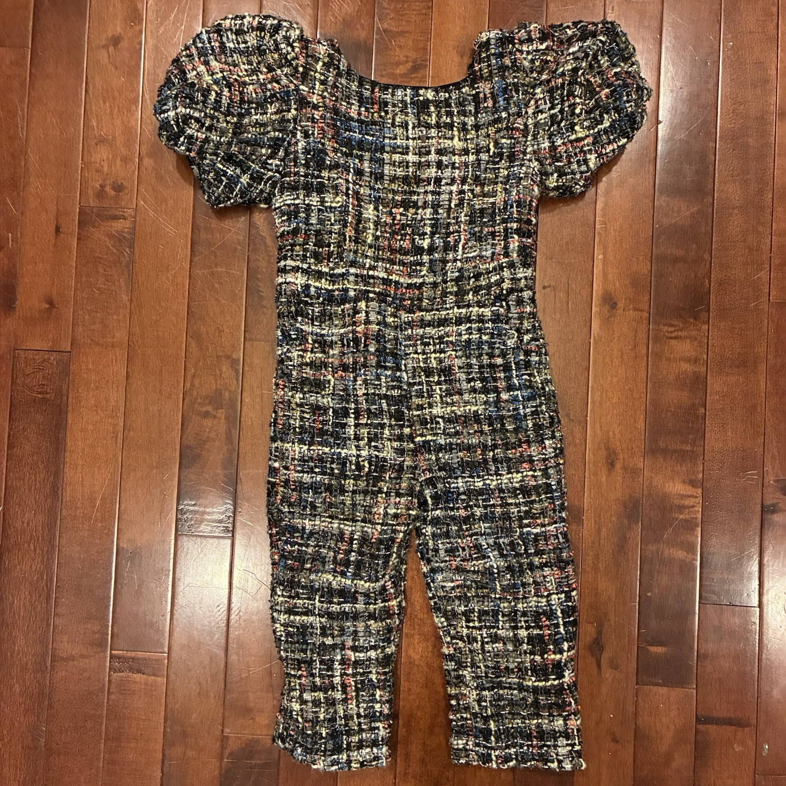 Ivy City Co Bouclé Plaid Puff Sleeve tweed quiet luxury 2T toddler Jumpsuit b1