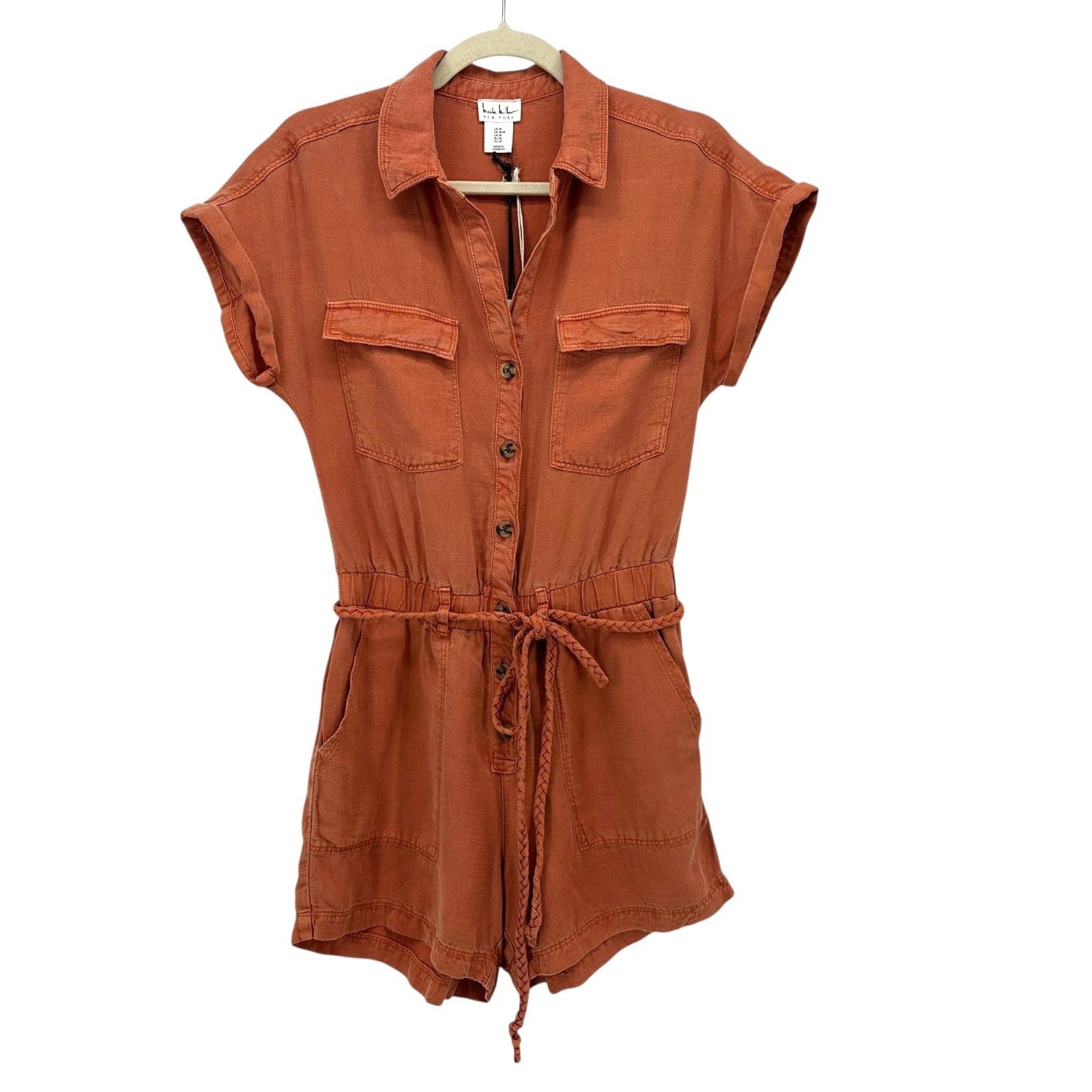 NEW Nicole Miller Womens Medium Romper Linen Blend Burnt Orange Belted