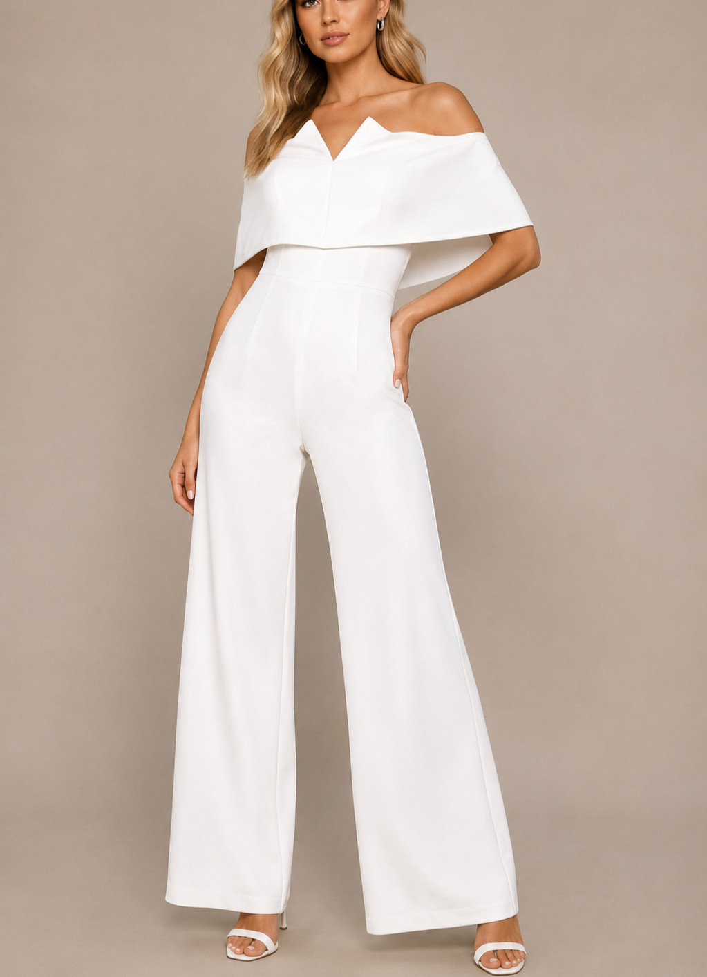 Lulus White Off Shoulder Cape Jumpsuit Wide Leg Bridal Formal Size S NWT