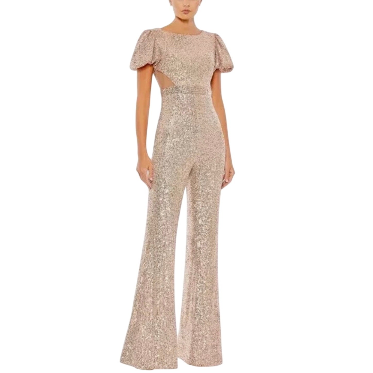 Mac Duggal 11273 Rose Gold Jumpsuit Sequin Short Sleeve Flared Wide Leg Size 10