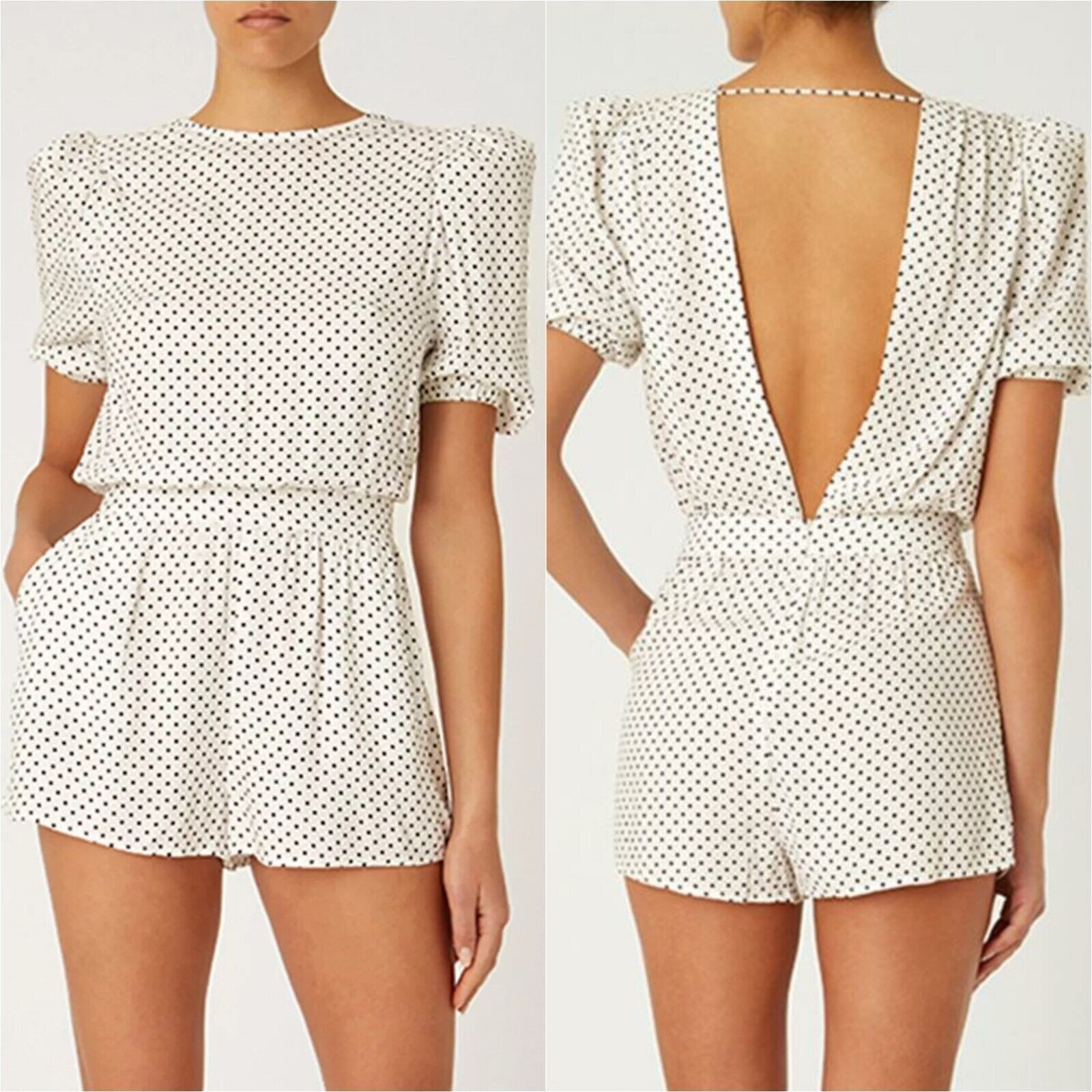 We Wore What Balloon Sleeve Romper Womens 10 Black White Polka Dot Open Back
