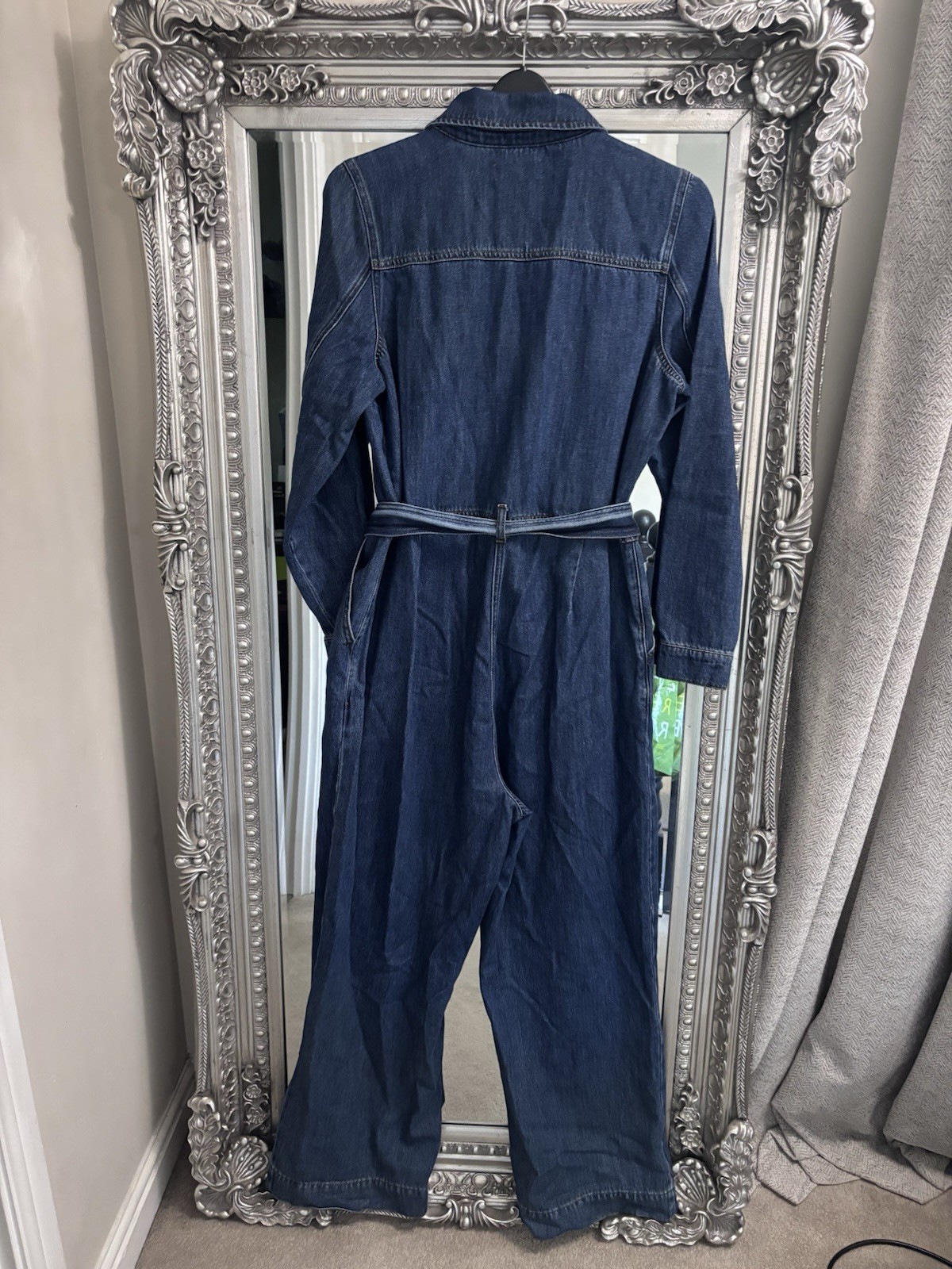Phase Eight Women’s Avalon Wide Leg Denim Blue Utility Tie Waist Jumpsuit 16