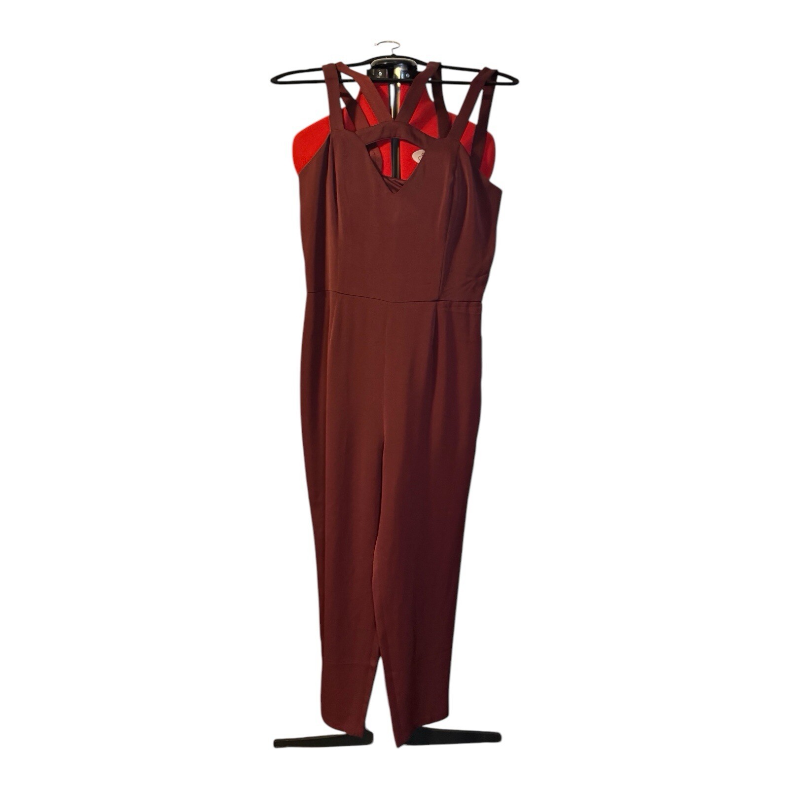 NWT Express Womens Chianti Double Strap Jumpsuit 12 Strappy Sleeveless Burgundy