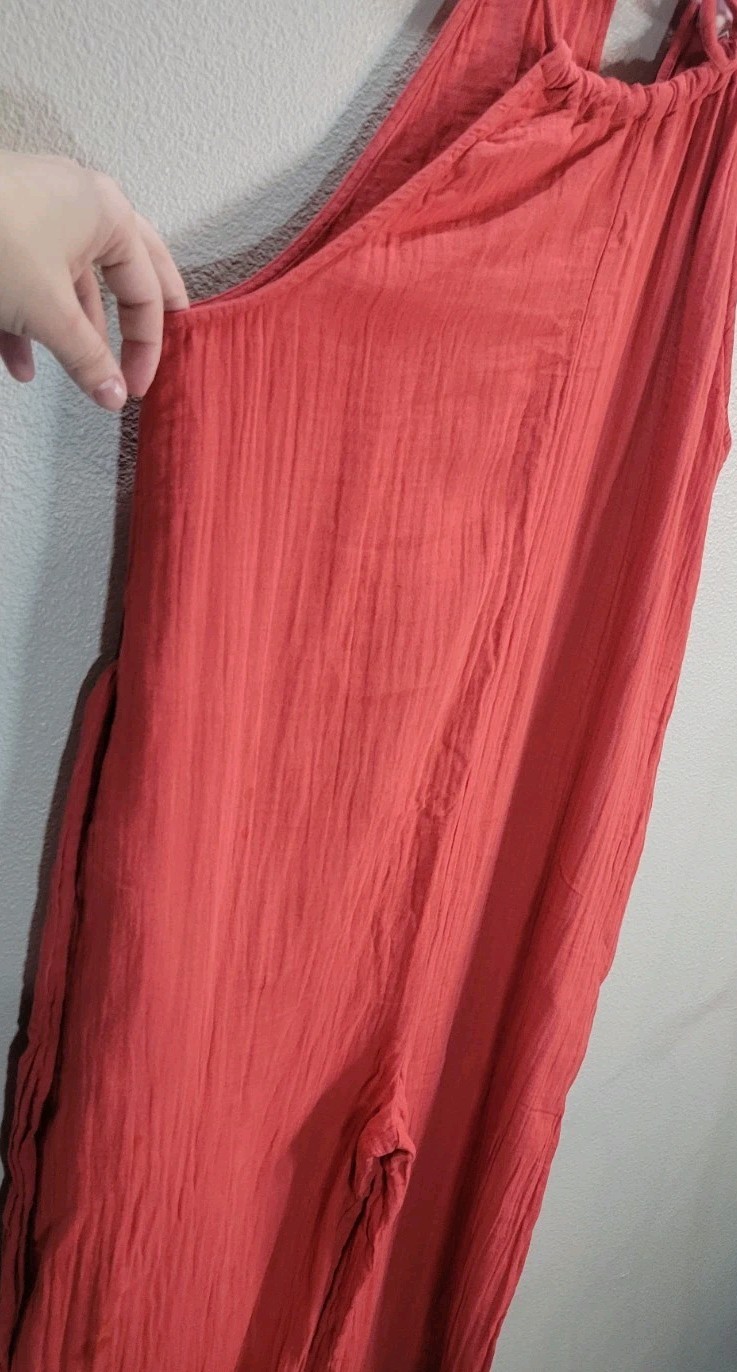 Pact Organic Cotton Coral Halter Jumpsuit L Wide Leg Tie Waist Sustainable