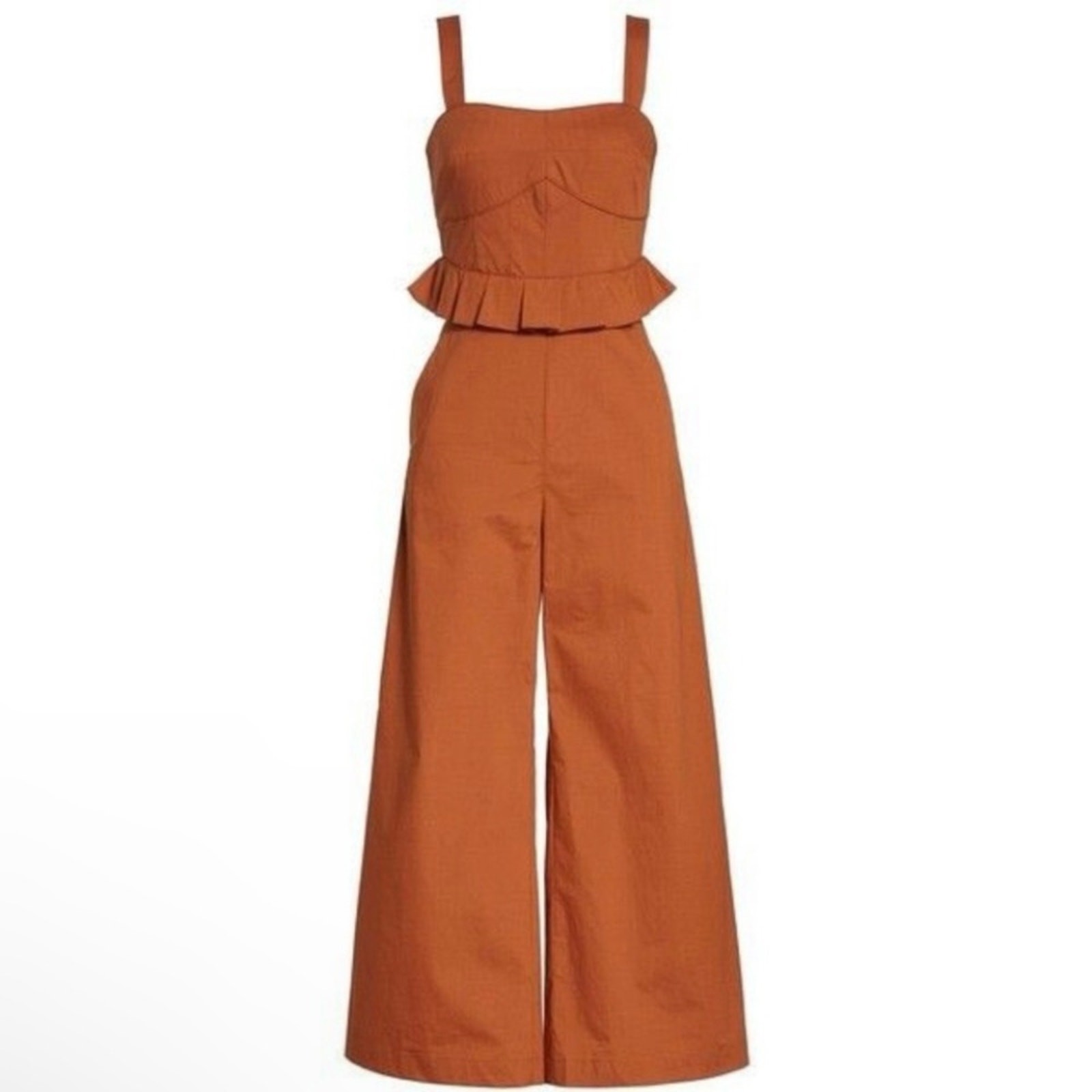 Sea New York Leia Ruffle Peplum Waist Wide Leg Crop Jumpsuit Rust 10 Retro Chic