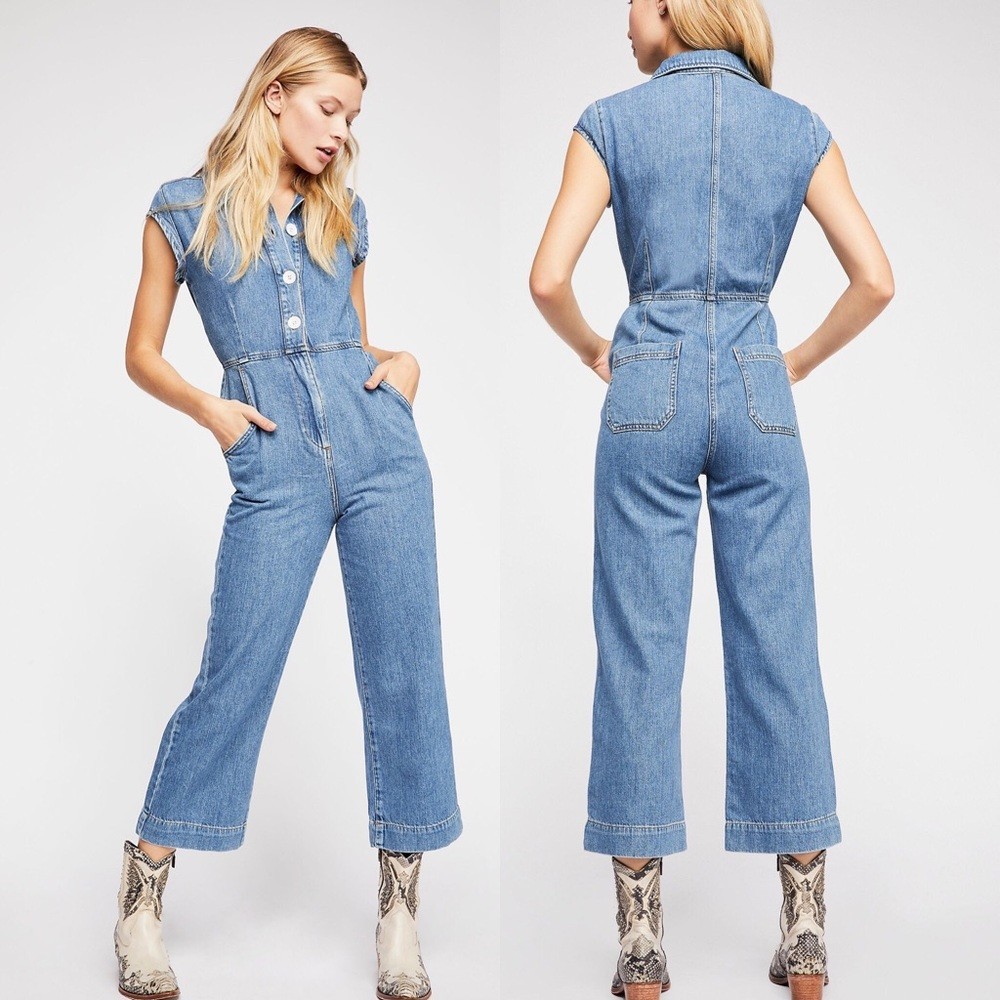 Free People Unchained Melody Denim Jumpsuit Women 10 Medium Blue Boho Western