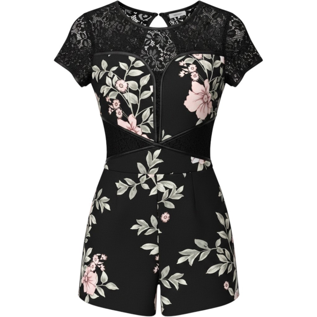 Edgy-Glam Floral GUESS Sweetheart Cutout Romper Blk Lace Open Back One Piece S