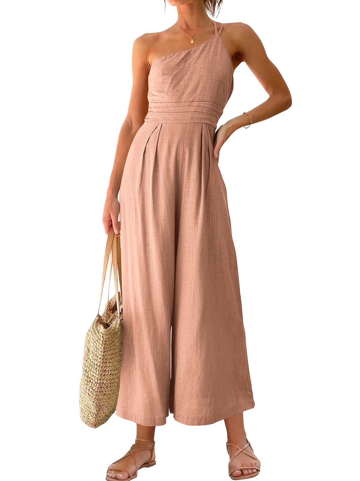 Caracilia Women’s Summer Straps One Shoulder Pleated High Waist Casual Wide Leg