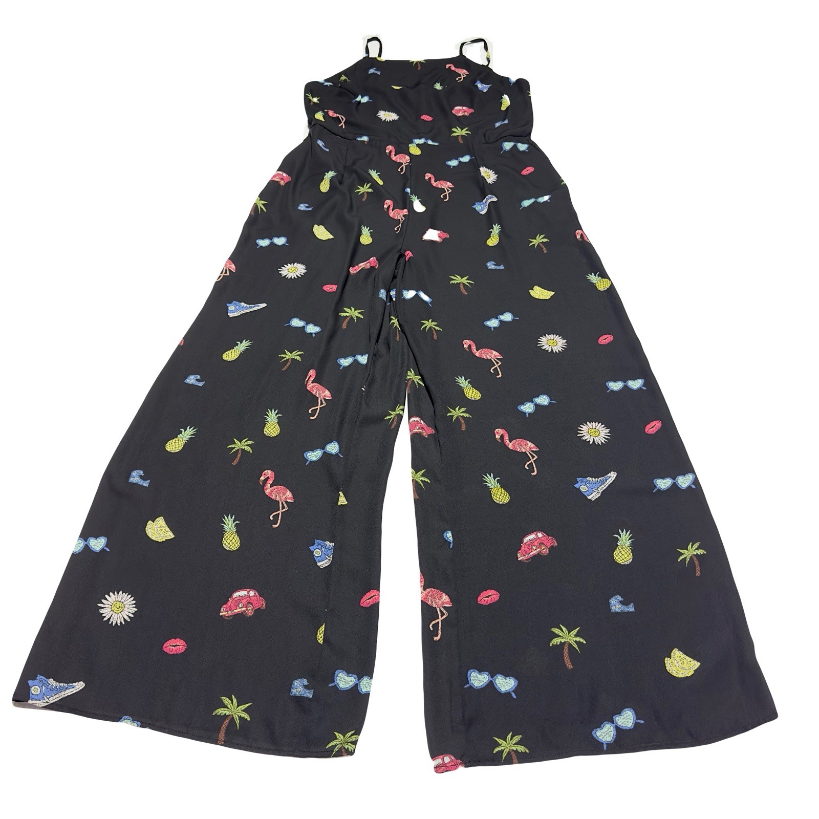 Nicole Miller Studio Jumpsuit Size 16 Black Print Flamingos Sleeveless Wide Leg