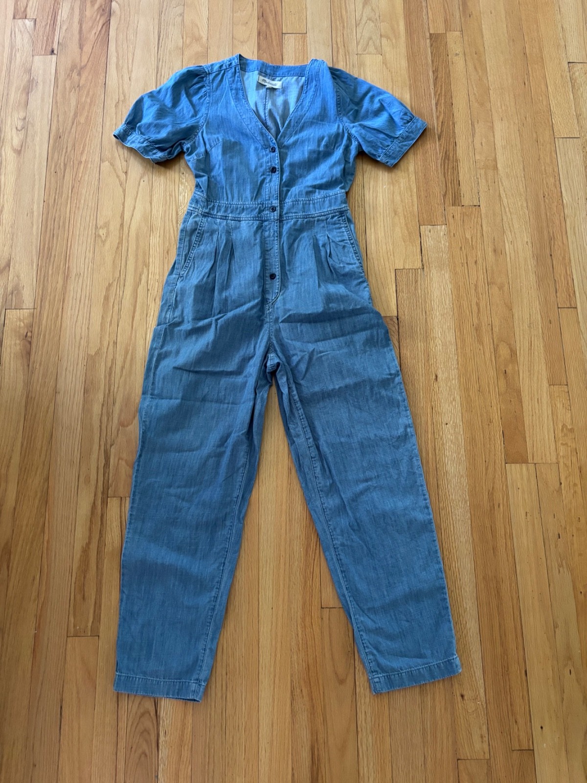 Madewell Blue Denim Jumpsuit Cotton Blend size 0 Puff Sleeve Button Front